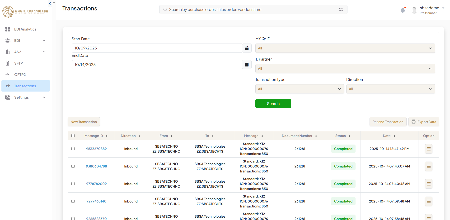 SBSA EDI portal dashboard preview